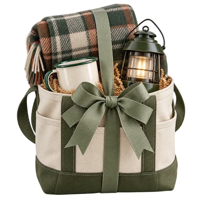A cream and green tote contains a plaid blanket and a camping lantern