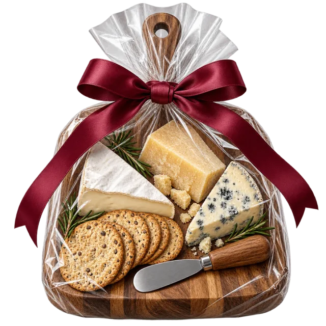 Cheese wedges, crackers and a knife sit on a wrapped board with a burgundy bow