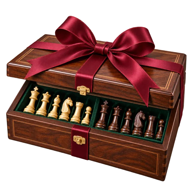 An open wooden box displays two rows of chess pieces beneath a red ribboned lid