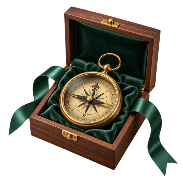 A gold-colored compass rests in a green-lined wooden box tied with a green ribbon