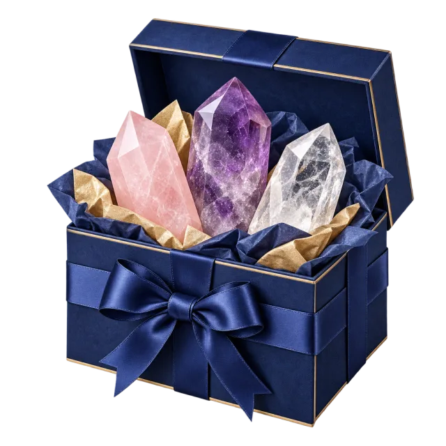 Pink, purple and clear crystal-like points stand in an open navy box with a blue bow