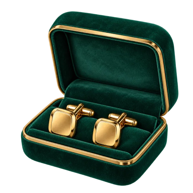 A pair of gold-colored cufflinks sits inside a dark green hinged case