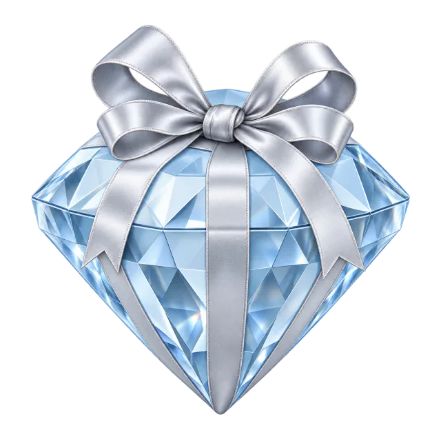 A pale blue faceted diamond-shaped box is wrapped with a silver ribbon