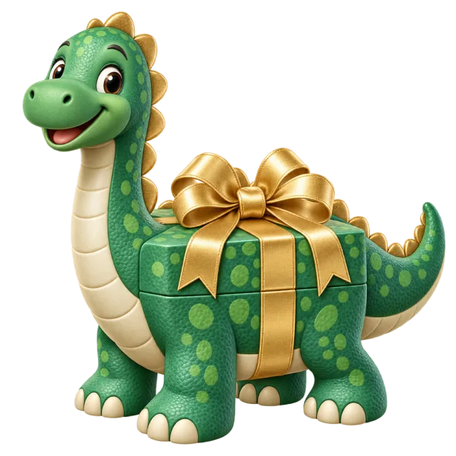 A smiling green dinosaur-shaped gift has a gold-colored bow around its body