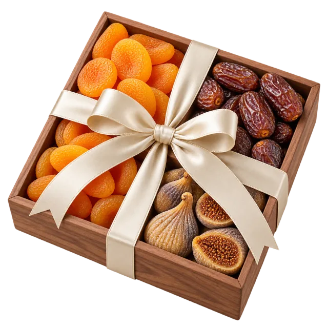 A divided wooden tray holds orange dried fruit, dates and figs beneath a cream bow