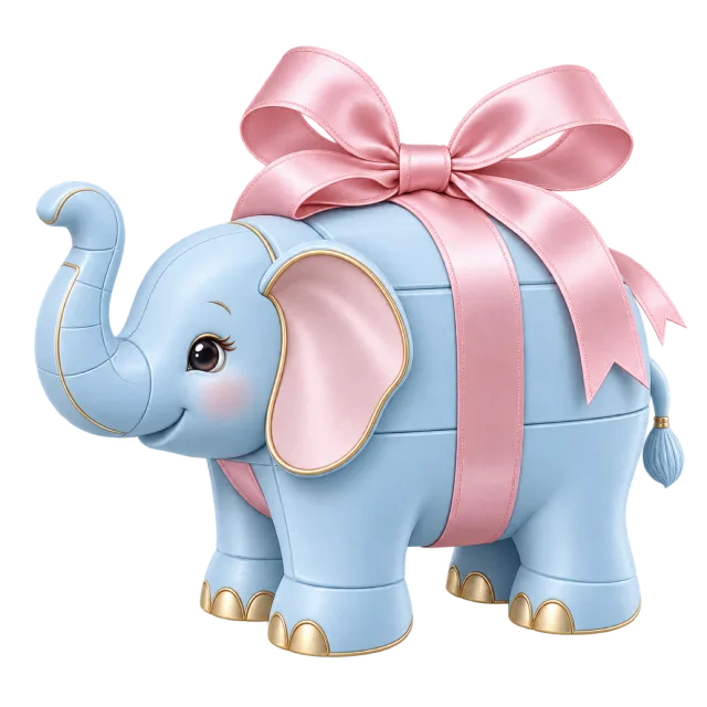 A pale blue elephant-shaped box has pink ears and a large pink ribbon bow