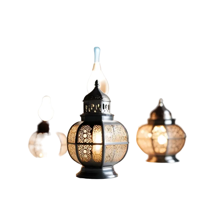 Three decorative hanging lanterns with warm glowing centers on a transparent background
