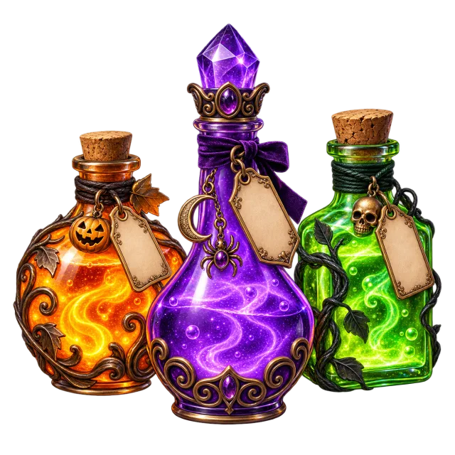 Three ornate potion bottles filled with glowing orange, purple and green liquid on a transparent background