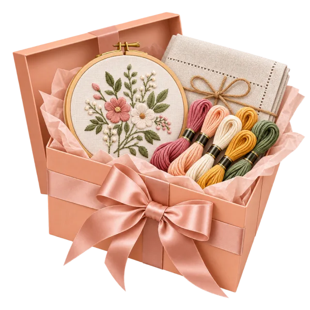 An open pink box holds a floral embroidery hoop, thread and small sewing tools