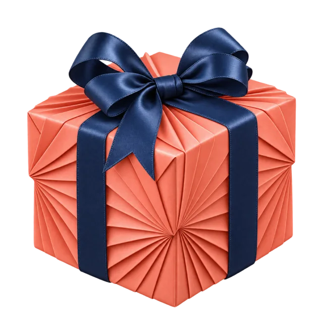 A coral gift box has fan-folded paper texture and a large navy ribbon bow