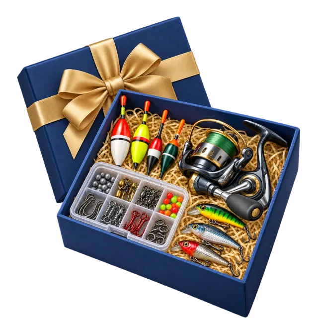 An open navy gift box contains a fishing reel, colorful floats, lures and tackle compartments