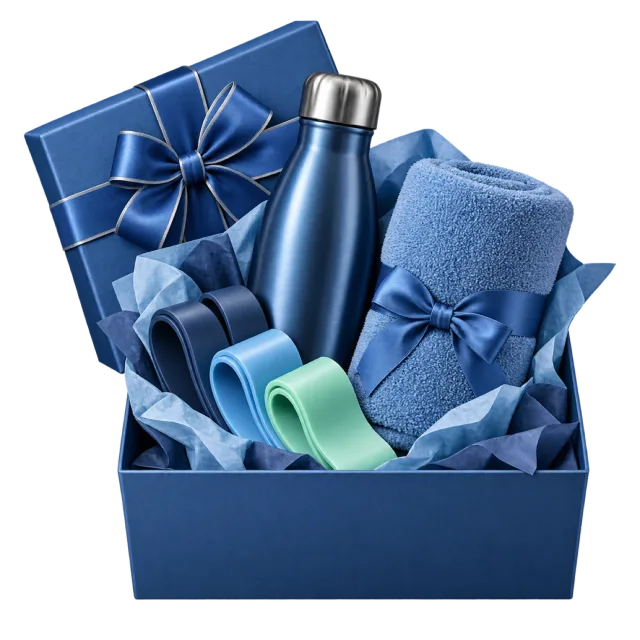 A navy box contains a blue bottle, rolled towel and exercise accessories