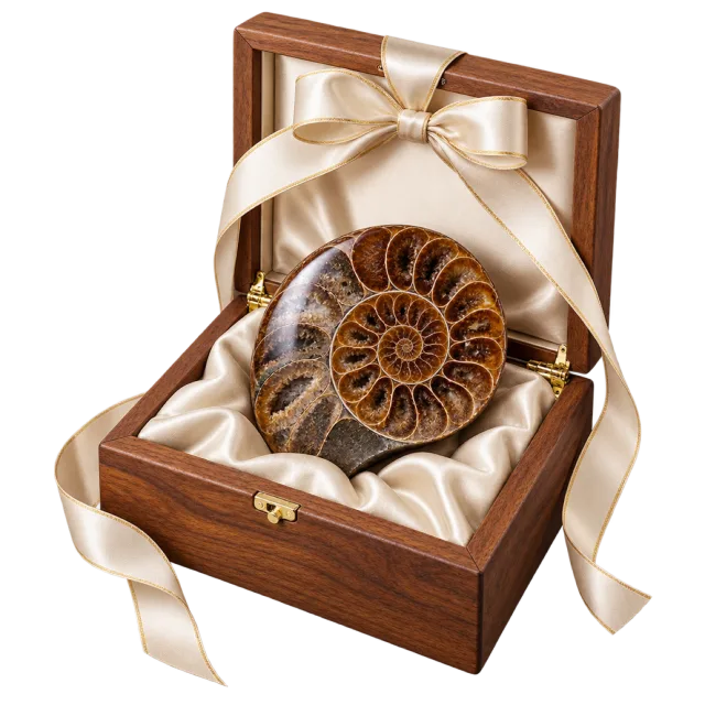 A brown spiral fossil rests on cream lining inside a wooden gift box