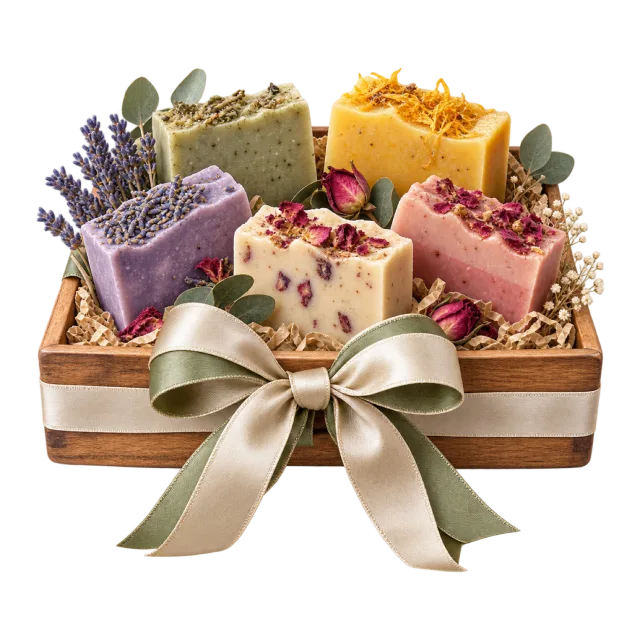 Colorful soap bars with flower-like details sit in a wooden tray tied with a pale green bow