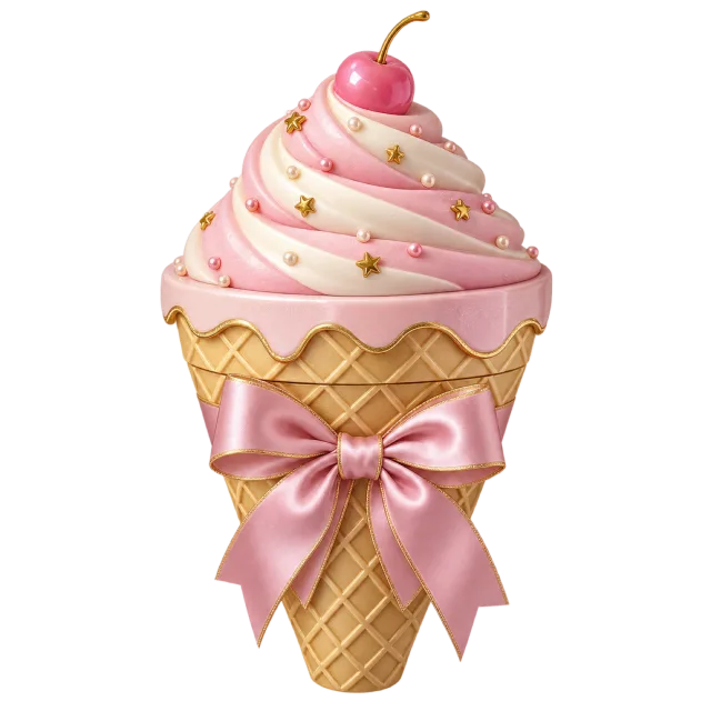 An ice-cream-cone-shaped gift has pink swirled topping, a cherry and a pink bow