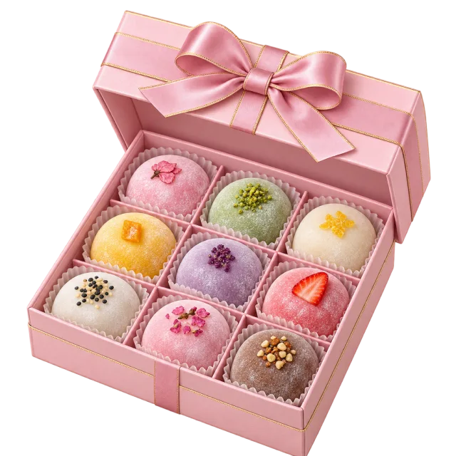 A pink compartmented box holds colorful round sweets beneath a ribboned lid