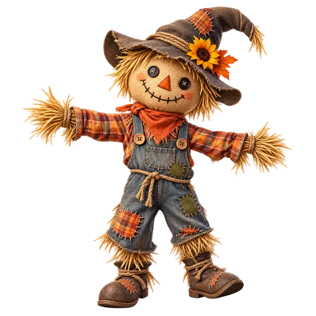 Smiling straw scarecrow in a floppy hat, checked shirt and patched overalls on a transparent background