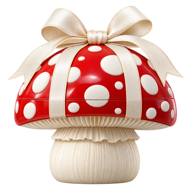 A red mushroom-shaped gift box has white spots and a cream ribbon bow