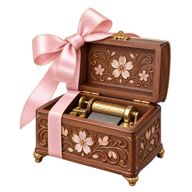 An open wooden music box has carved floral patterns, a visible mechanism and a pink bow
