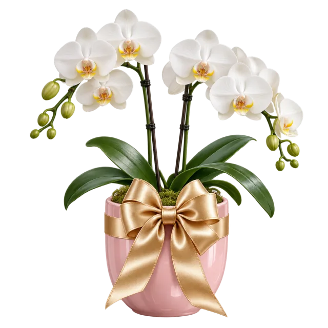 White orchid blooms rise from a pink pot tied with a gold-colored ribbon