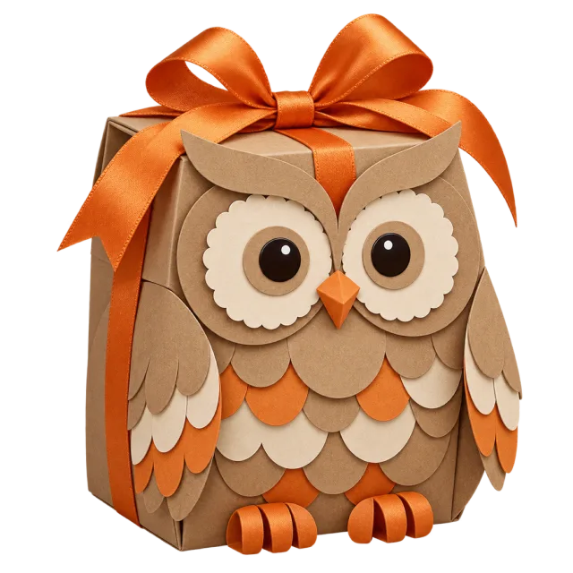 A brown owl-shaped gift bag has layered feather shapes and a large orange bow
