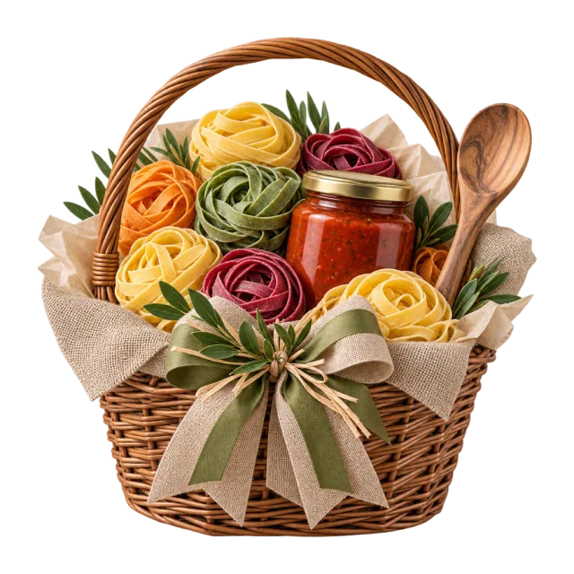 A wicker basket holds colorful pasta nests, a red sauce jar and a wooden spoon