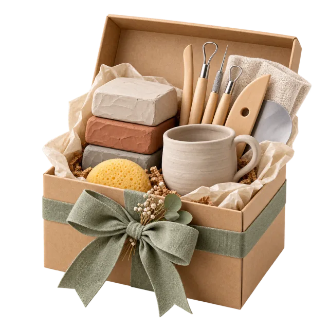 A kraft-colored gift box holds clay blocks, a small pot, sponge and pottery tools
