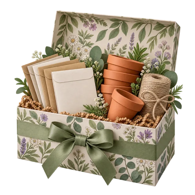 A botanical-patterned box holds seed packets, small terracotta pots and twine