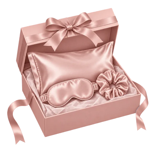 A pink gift box holds a shiny pink eye mask, scrunchie and folded fabric