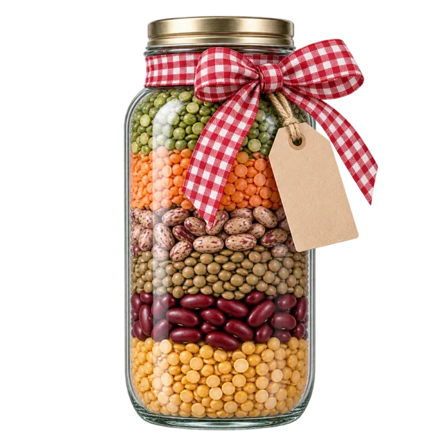 A clear jar contains layers of dried pulses and has a red checked ribbon