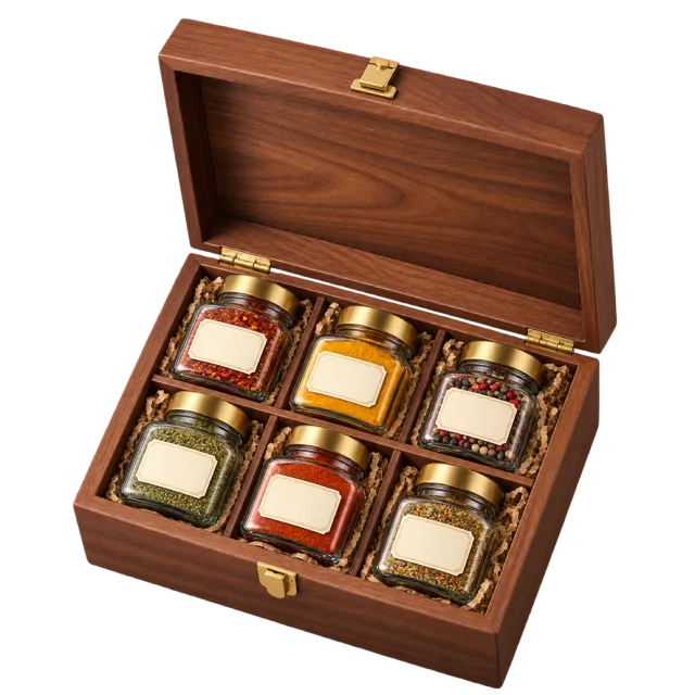 An open wooden case displays six small jars of colorful spices