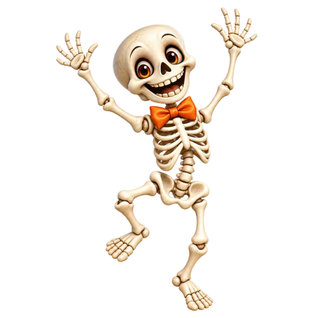 Cheerful skeleton raising both arms while wearing an orange bow tie on a transparent background