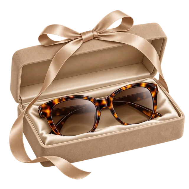Tortoiseshell-patterned sunglasses rest in a cream case beneath a champagne-colored bow