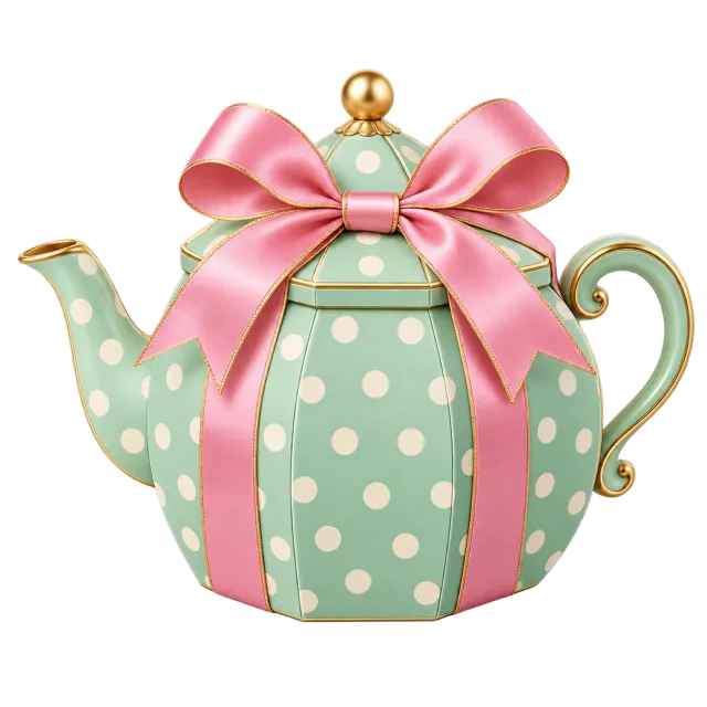 A mint-green teapot-shaped box has white dots and a large pink ribbon bow