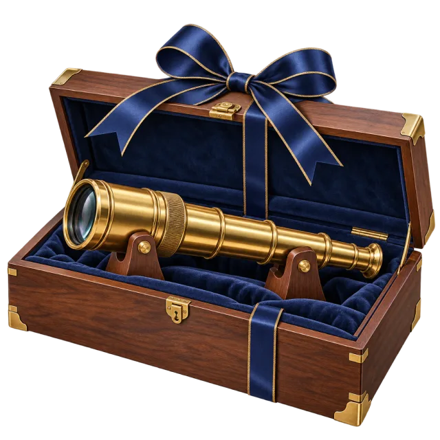 A brass-colored telescope rests inside a blue-lined wooden case with a navy ribbon