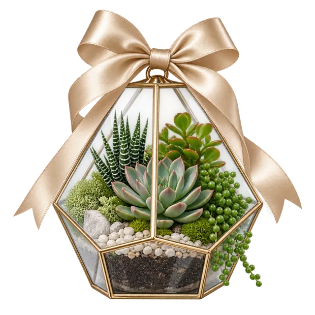 Green succulents and pale stones fill a geometric glass-style container with a cream bow