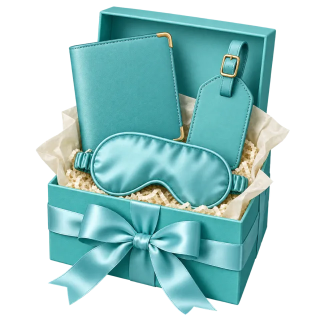 A turquoise box holds a passport-style cover, luggage tag and matching sleep mask