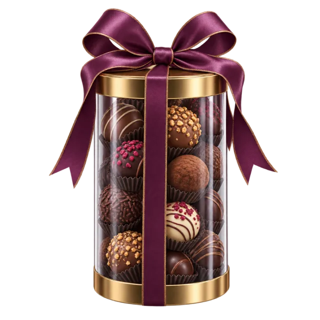 A clear cylindrical package displays assorted chocolate truffles beneath a purple bow