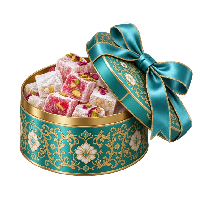 A decorated turquoise round tin holds powdered pink sweets beneath a matching ribboned lid