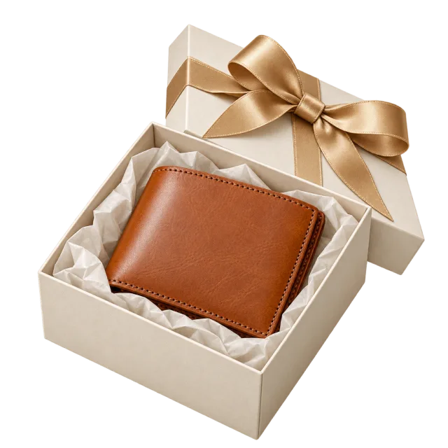 A brown wallet sits in a cream gift box with a gold-colored ribbon