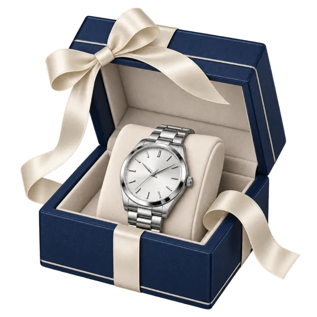 A silver-colored wristwatch rests on a cream cushion inside a navy gift case