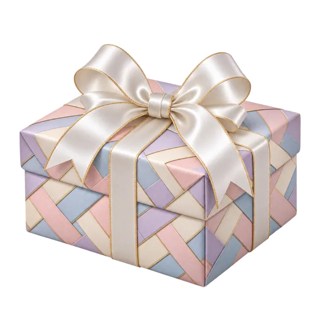 A square gift box has pastel geometric paper panels and a wide cream ribbon bow