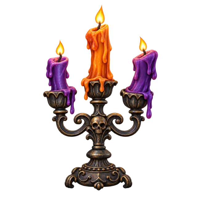 Ornate dark three-arm candelabra holding lit purple and orange dripping candles on a transparent background