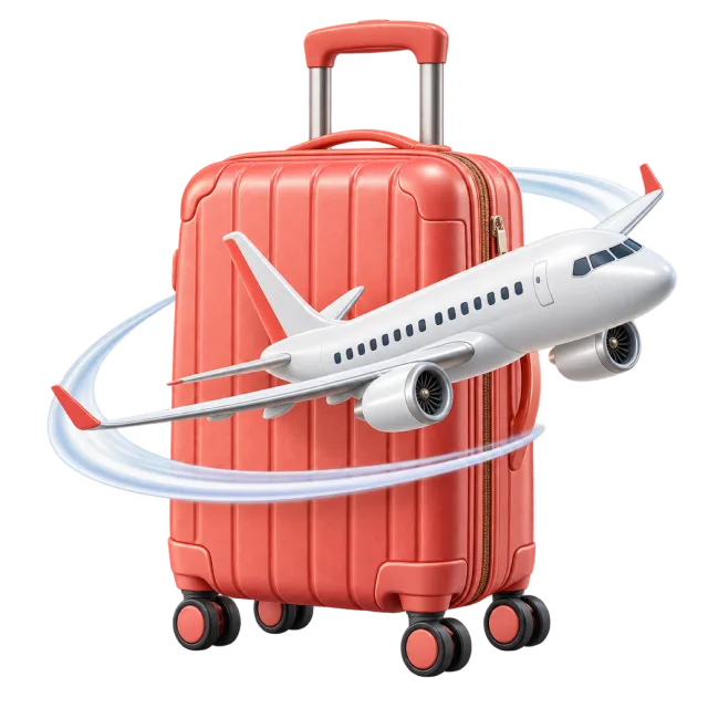 A white airplane circles a coral rolling suitcase