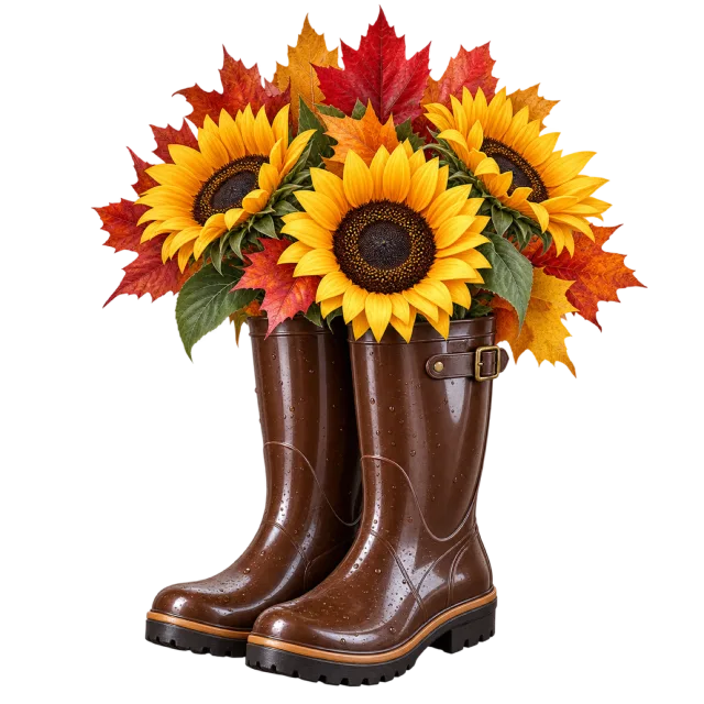 Brown boots hold sunflowers and colorful autumn leaves