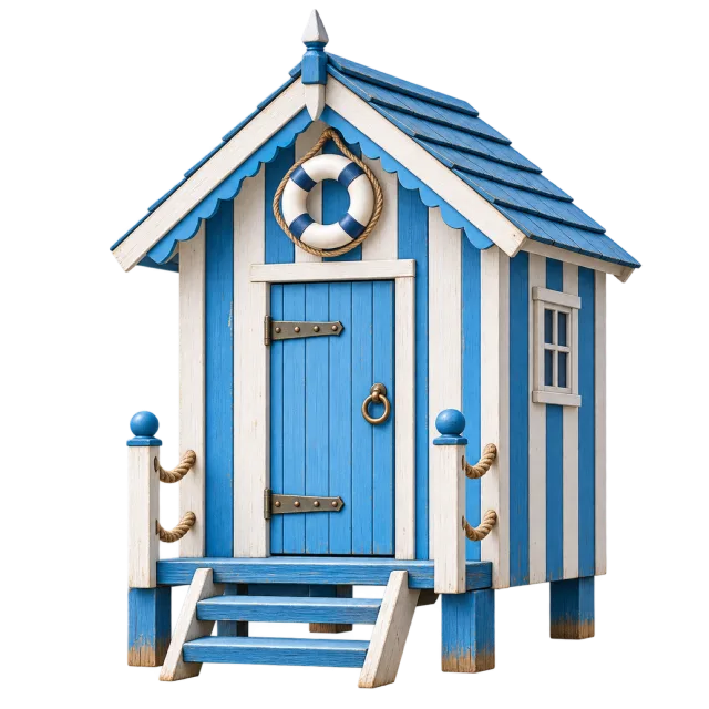 A blue and white striped beach hut has steps and a life ring