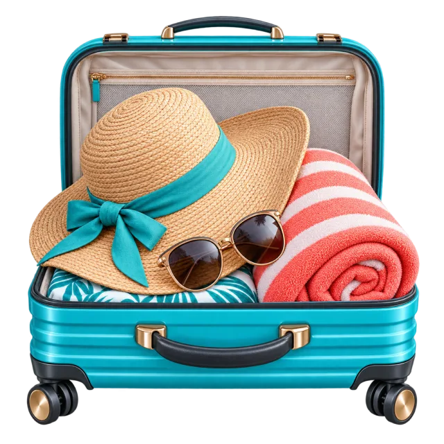 An open turquoise suitcase holds a straw hat, sunglasses and rolled towel