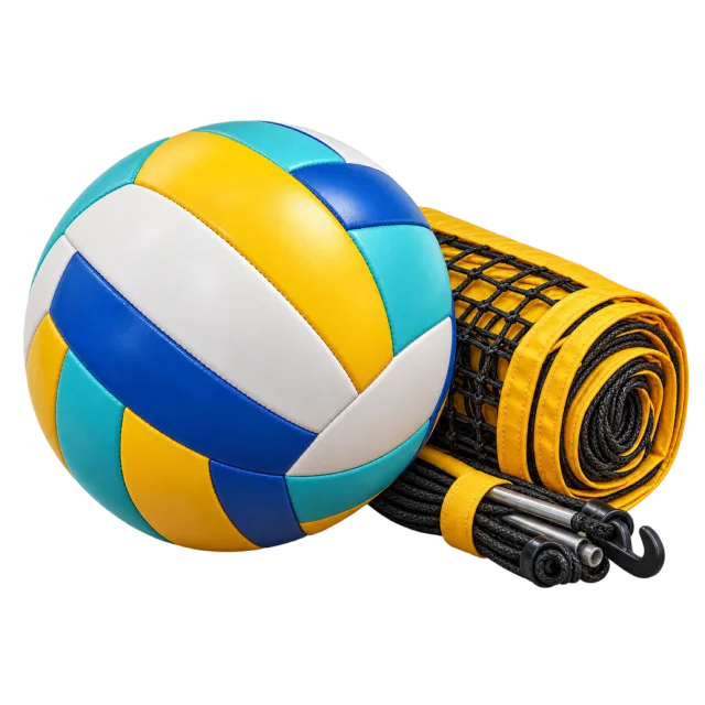 A blue, yellow and white volleyball sits beside a rolled net
