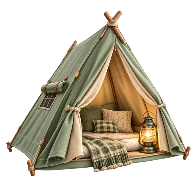 A green triangular tent contains cushions and a glowing lantern