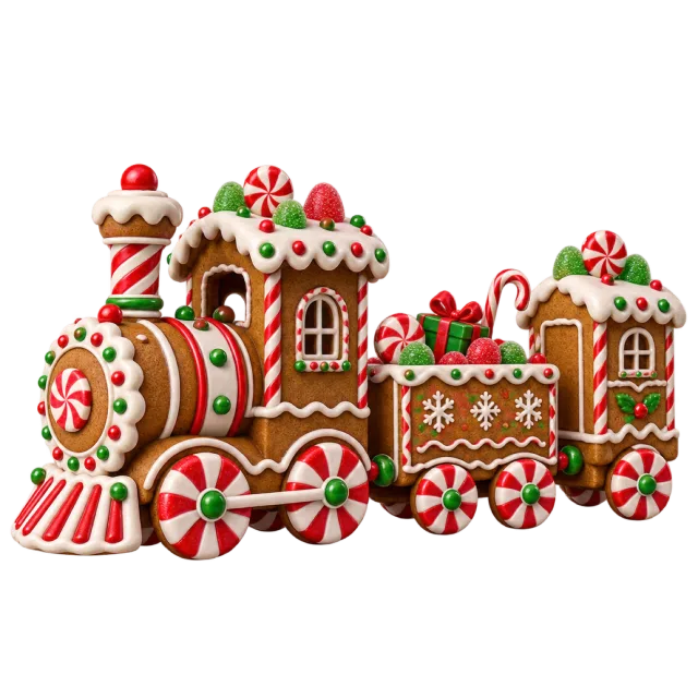 A decorated cookie train has red and green icing and peppermint wheels
